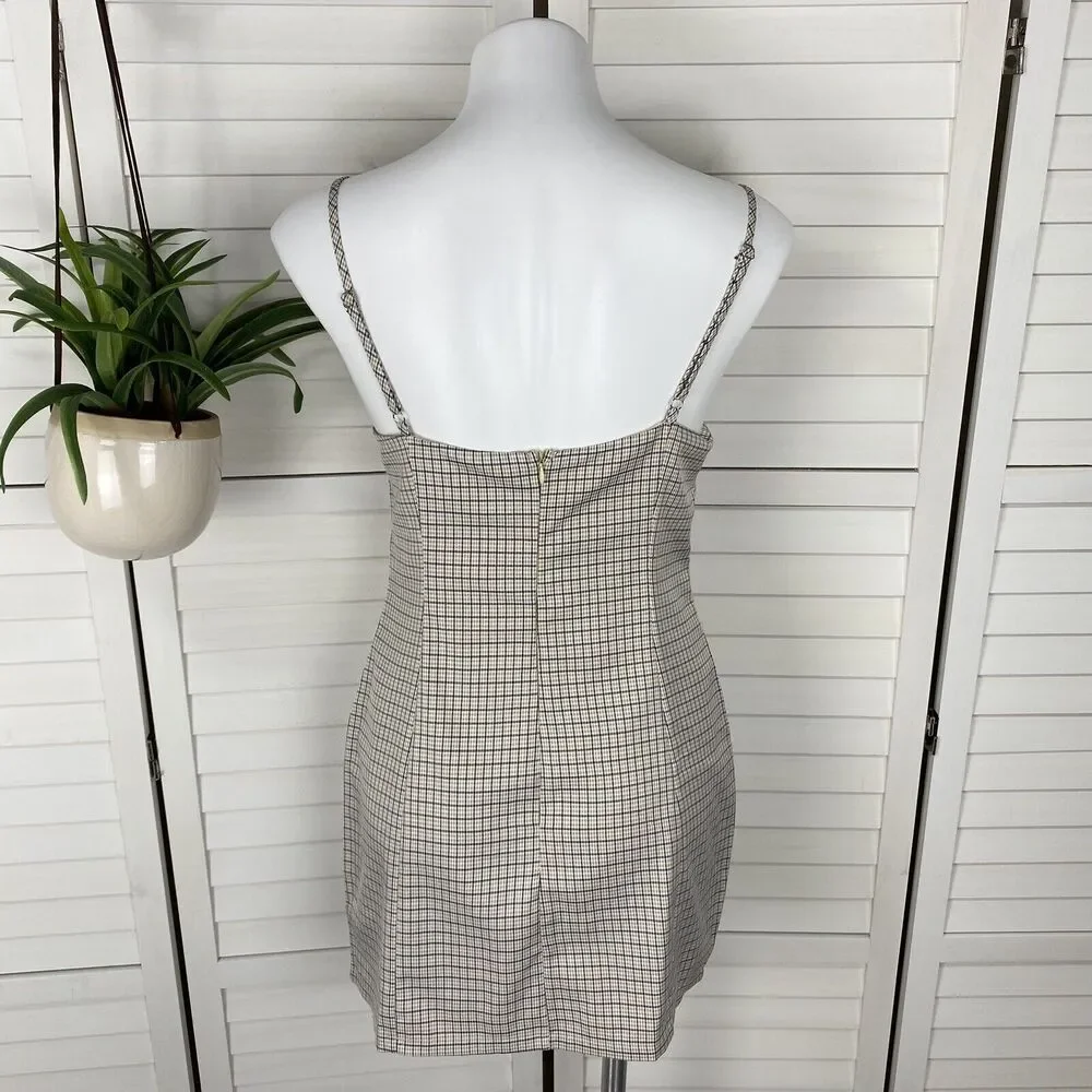 Princess Polly Alaysiah Mini Dress Tan Check Spaghetti‎ Strap AU 12 US Size 8